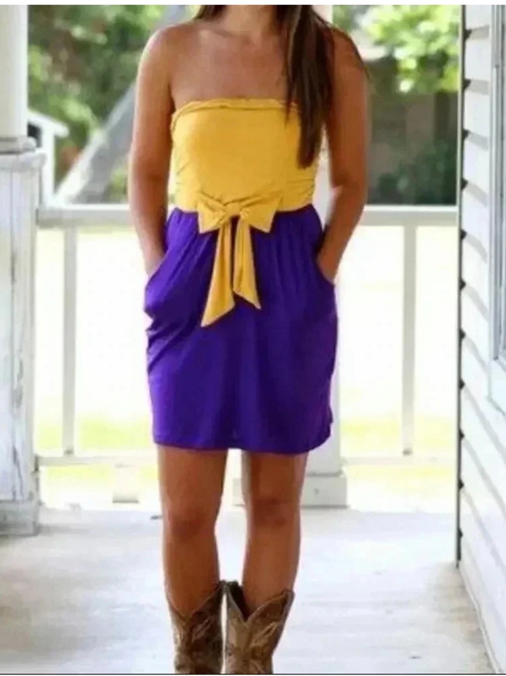 Hazel & Olive Yellow and Purple Mini Skirt with Tie-Front Detail